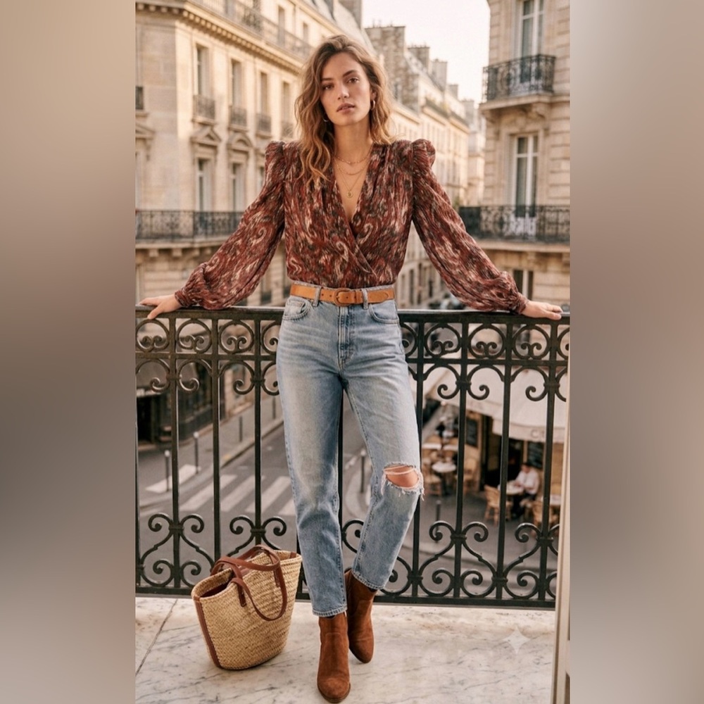 $735 set Designer IRO Silk Blouse & Moussy Vintage Japanese Denim Outfit.Size M